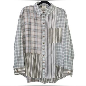 Umgee Plaid Striped Patchwork Ruffle Hem Top Blouse | Size M | 100% Cotton